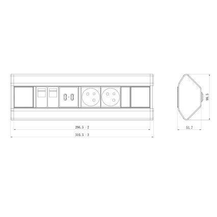 Rohová zásuvková lišta 2x 230V + 2x USB + 2x RJ45 230V