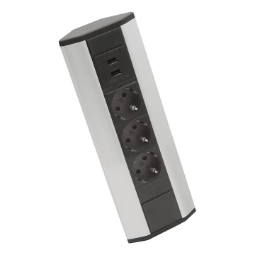 Rohový zásuvkový sloupek 3x230V + 2xUSB-A černá/stříbrná