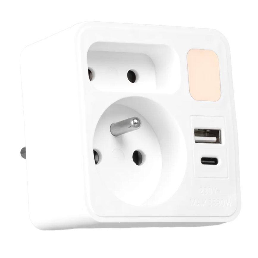 Rozbočovací zásuvka 2Z + USB-C + USB-A s LED osvětlením LED/0,5W/230V 3000K