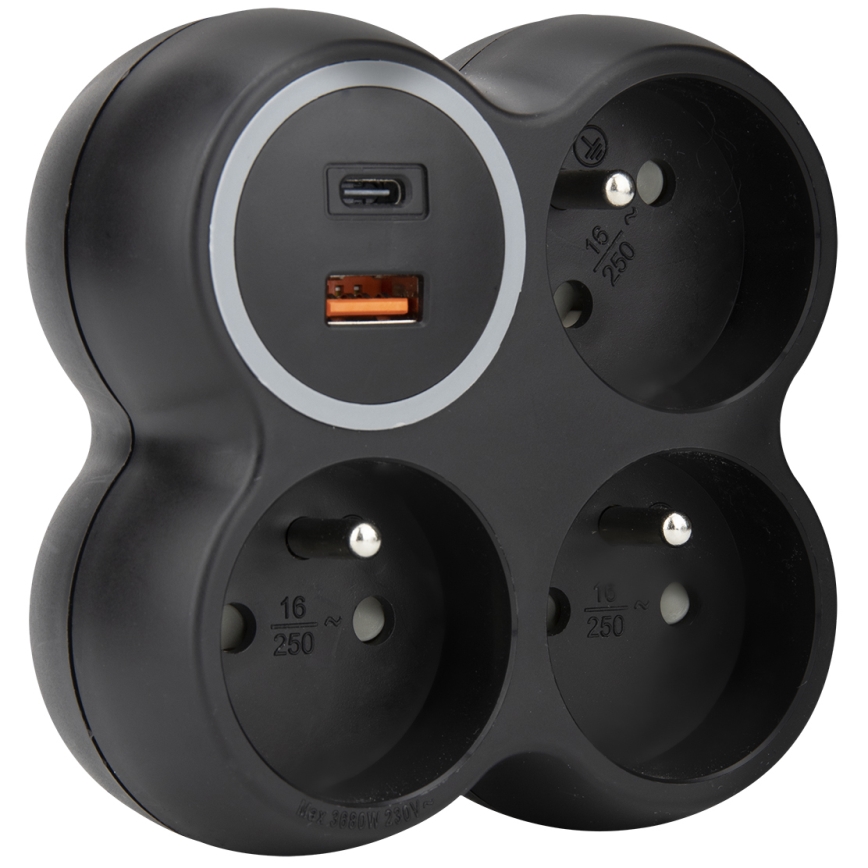 Rozbočovací zásuvka 3x 15A USB A+C černá