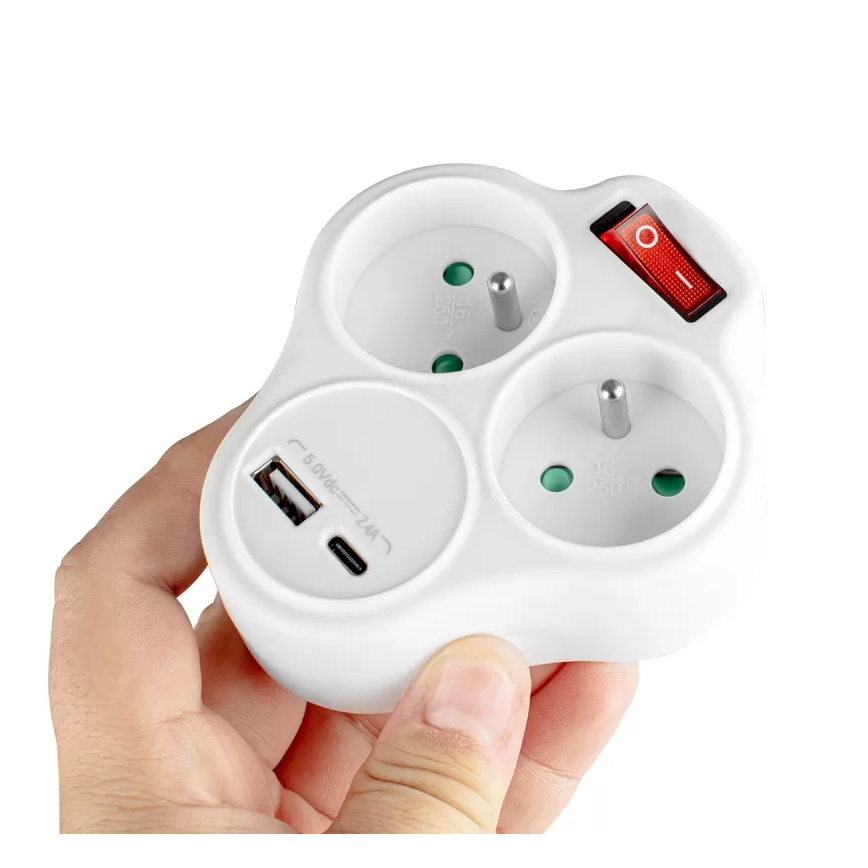 Rozbočovací zásuvka s vypínačem 2Z + USB-C + USB-A