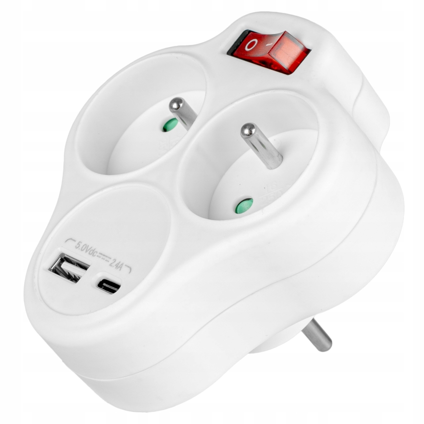 Rozbočovací zásuvka s vypínačem 2Z + USB-C + USB-A