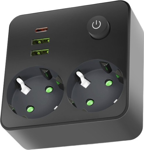 Rozbočovací zásuvka s vypínačem LINEA 2x230V + 3xUSB A/C SCHUKO černá
