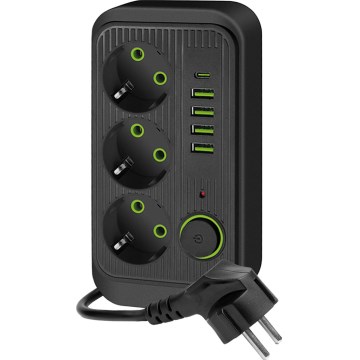 Rozbočovací zásuvka s vypínačem LINEA 3x230V + 5xUSB A/C 1,5 m SCHUKO černá