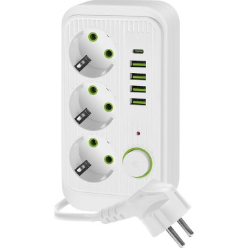 Rozbočovací zásuvka s vypínačem LINEA 3x230V + 5xUSB A/C SCHUKO 1,5 m bílá