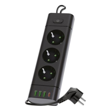 Rozbočovací zásuvka s vypínačem LINEA PRO 3x230V+3xUSB-A + 1xUSB-C SCHUKO 1,5 m černá