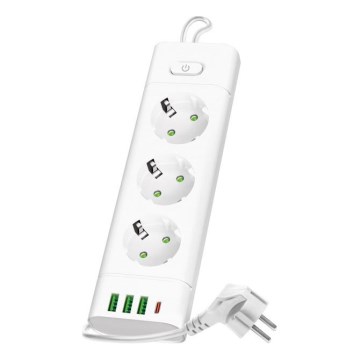 Rozbočovací zásuvka s vypínačem LINEA PRO 3x230V + 3xUSB-A + 1xUSB-C SCHUKO 3 m bílá