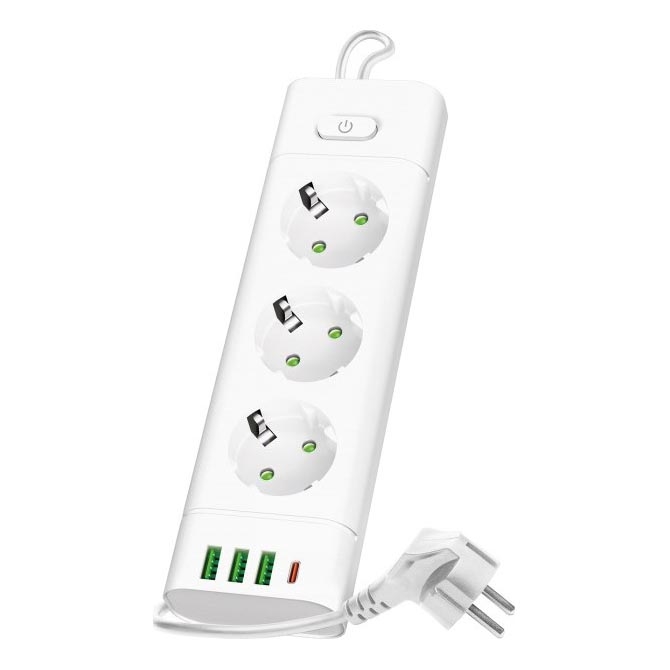 Rozbočovací zásuvka s vypínačem LINEA PRO 3x230V + 3xUSB-A + 1xUSB-C SCHUKO 3 m bílá