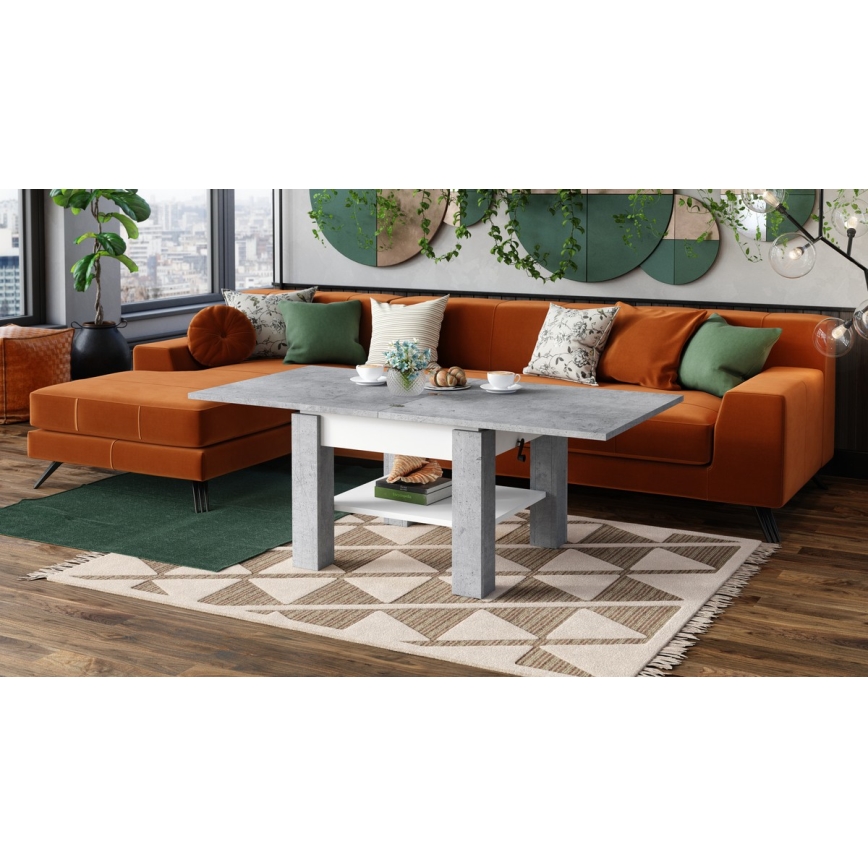 Rozkládací konferenční/jídelní stůl se zvedací deskou CALEB  75/150x75cm  šedá beton/bílá