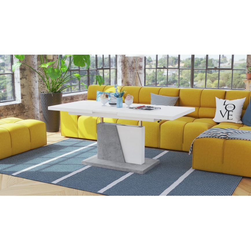 Rozkládací konferenční/jídelní stůl se zvedací deskou NINO bílá/šedá beton