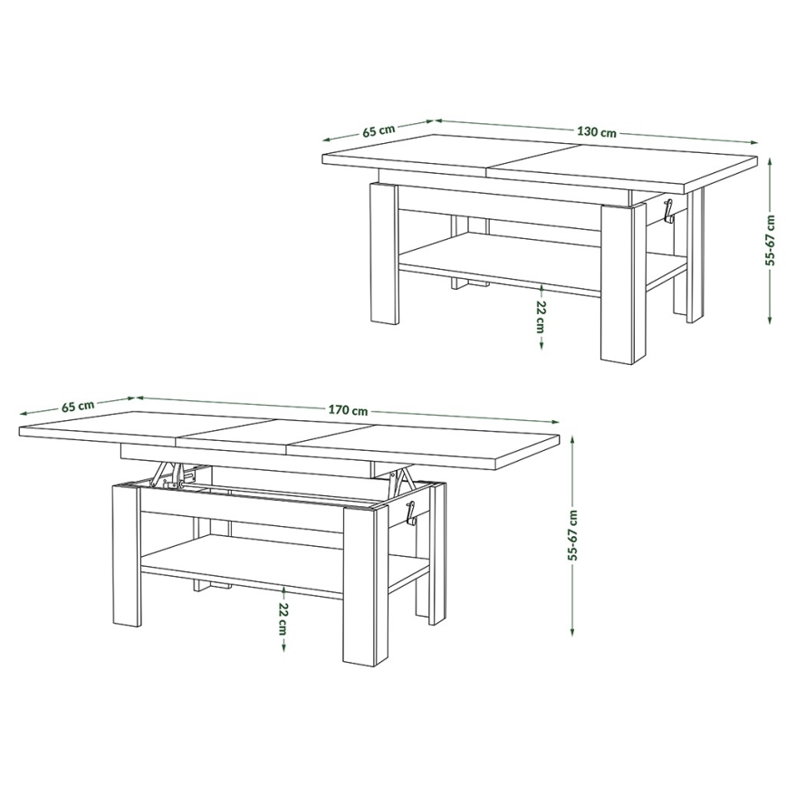 Rozkládací konferenční se zvedací deskou ROY 130/170x65 cm dub sonoma/černá