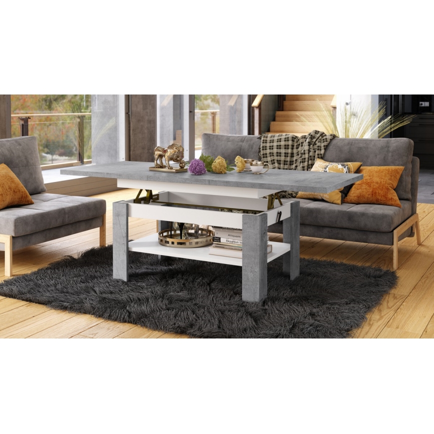 Rozkládací konferenční se zvedací deskou ROY 130/170x65 cm šedá beton/bílá