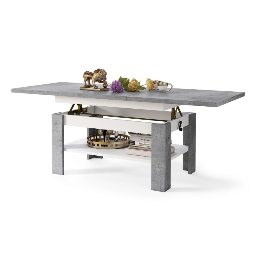Rozkládací konferenční se zvedací deskou ROY 130/170x65 cm šedá beton/bílá