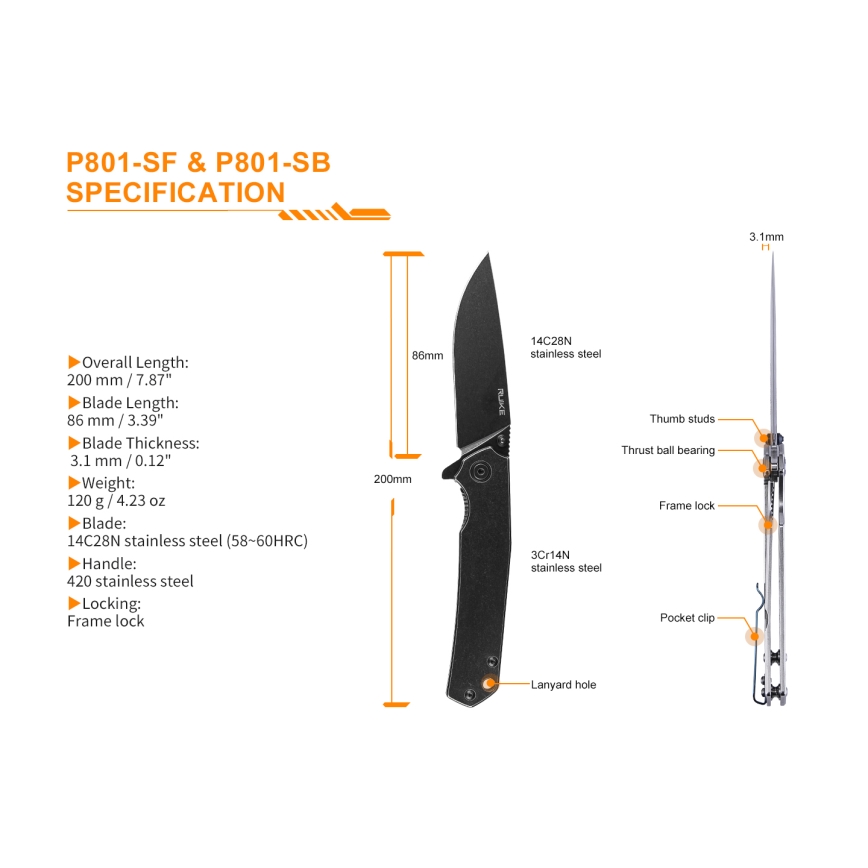 Ruike RUP801SF - Zavírací kapesní nůž 20 cm stříbrná