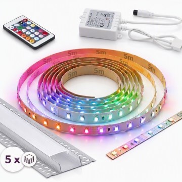 SADA 1x LED RGBW Stmívatelný pásek DIGITAL LED/16,5W/230V 5 m + 5x vestavný profil 1 m stříbrná/bílá + dálkové ovládání