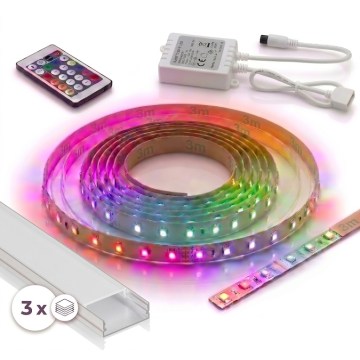 SADA 1x LED RGBW Stmívatelný pásek DIGITAL LED/9,6W/230V 3 m + 3x vestavný profil 1 m stříbrná/bílá + dálkové ovládání