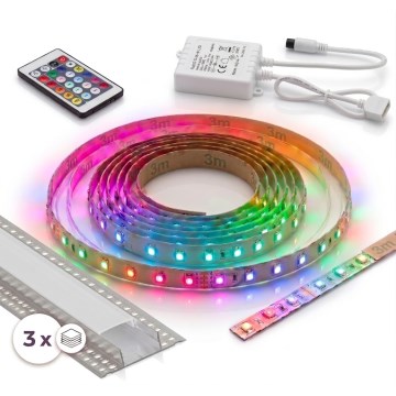 SADA 1x LED RGBW Stmívatelný pásek DIGITAL LED/9,6W/230V 3 m + 3x vestavný profil 1 m stříbrná/bílá + dálkové ovládání