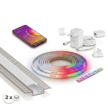 SADA 1x LED RGBW Stmívatelný pásek Philips Hue WHITE AND COLOR AMBIANCE LED/20W/230V 2 m + 2x vestavný profil 1 m stříbrná/bílá