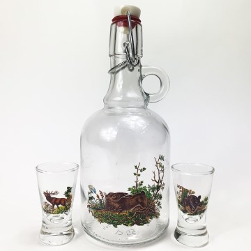 Sada 1x skleněná láhev a 2x sklenice na panáky čirá