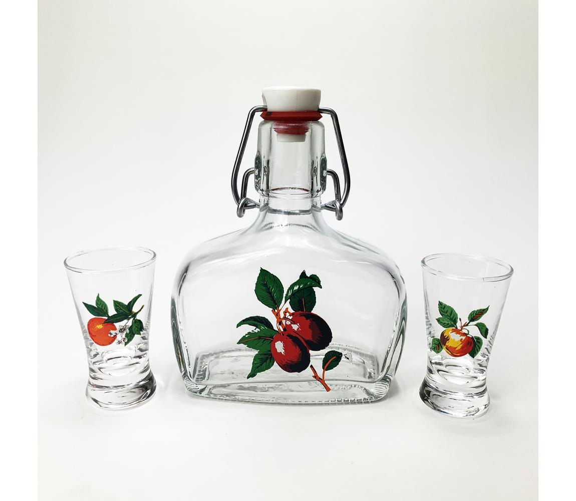 Výrobce po 1 ks Sada 1x skleněná láhev a 2x sklenice na panáky čirá s motivem ovoce KK03801B