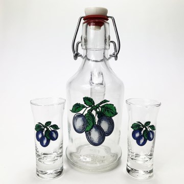 Sada 1x skleněná láhev kulatá a 2x sklenice na panáky čirá