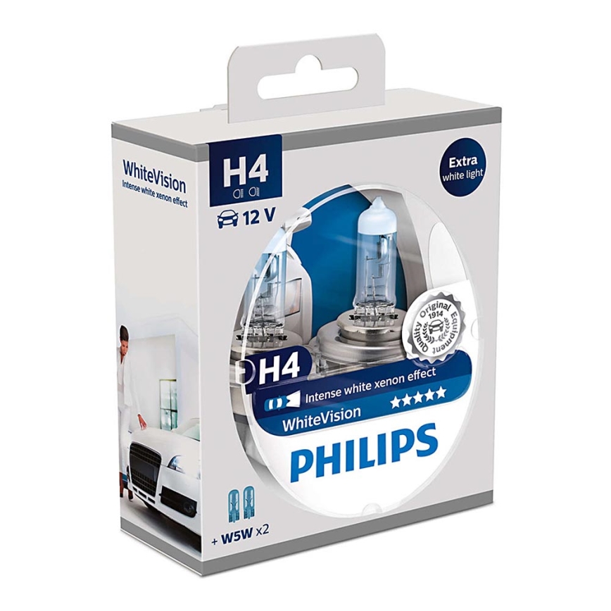 SADA 2x Autožárovka Philips WHITEVISION 12342WHVSM H4 PX26d/60W/55W/12V 3700K +2 poziční žárovky