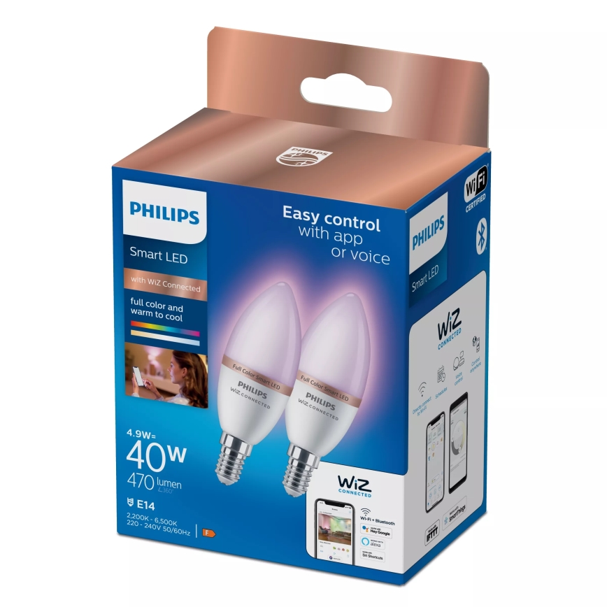 SADA 2x LED RGB Stmívatelná žárovka Philips SMART C37 E14/4,9W/230V 2200-6500K CRI 90