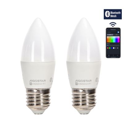 SADA 2x LED RGBW Stmívatelná žárovka MESH Smart C37 E27/6,5W/230V 2700-6500K + dálkové ovládání - Aigostar