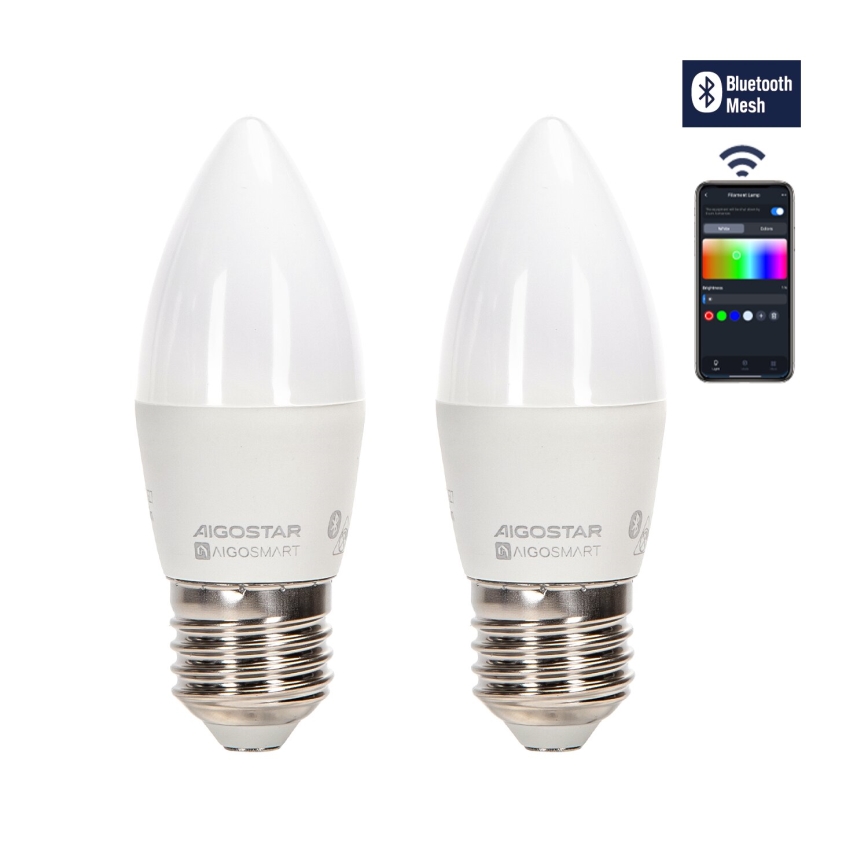 SADA 2x LED RGBW Stmívatelná žárovka MESH Smart C37 E27/6,5W/230V 2700-6500K + dálkové ovládání - Aigostar