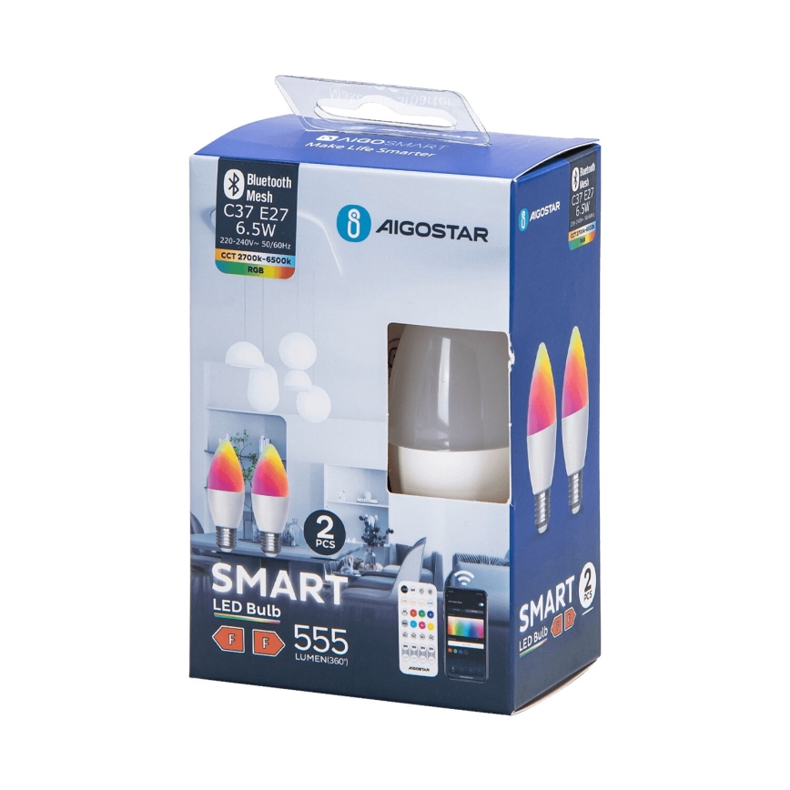 SADA 2x LED RGBW Stmívatelná žárovka MESH Smart C37 E27/6,5W/230V 2700-6500K + dálkové ovládání - Aigostar