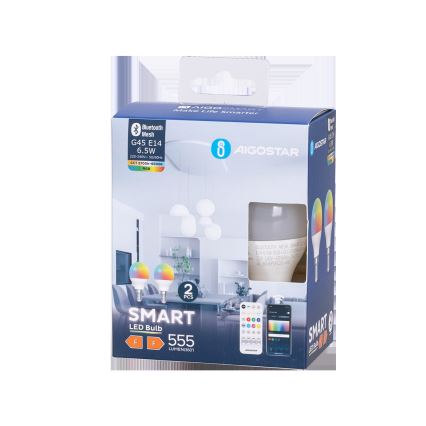 SADA 2x LED RGBW Stmívatelná žárovka MESH Smart G45 E14/6,5W/230V 2700-6500K + dálkové ovládání - Aigostar