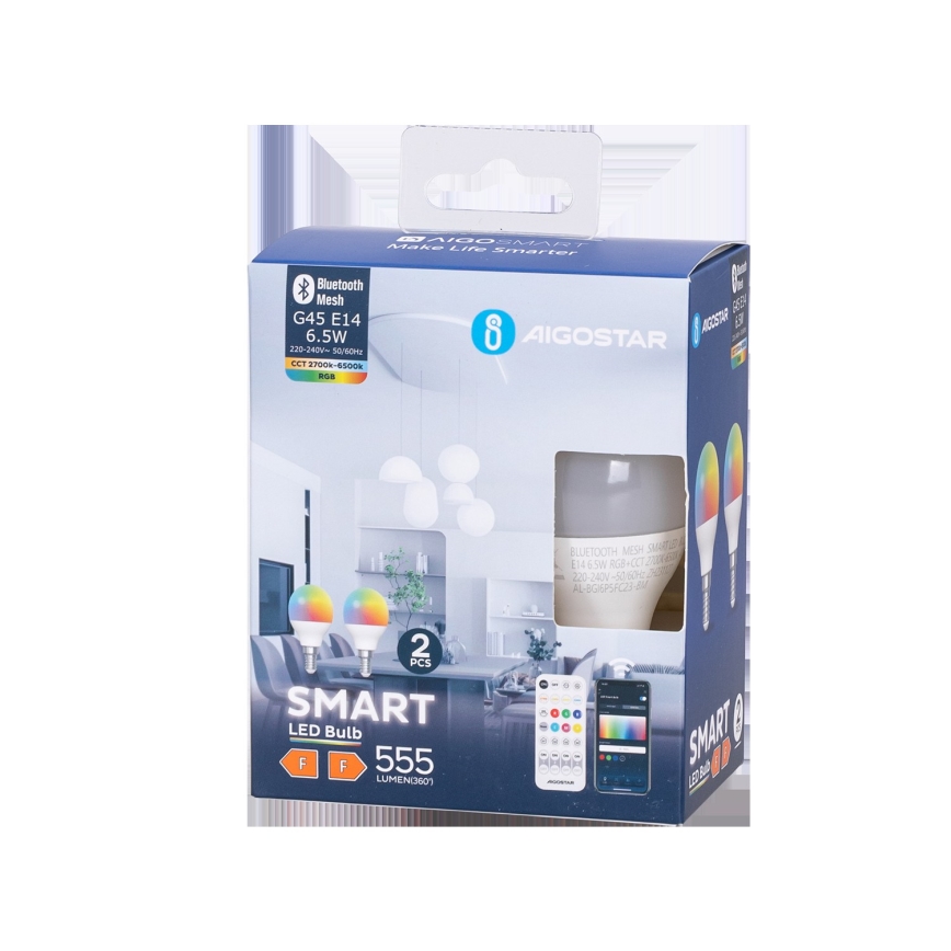 SADA 2x LED RGBW Stmívatelná žárovka MESH Smart G45 E14/6,5W/230V 2700-6500K + dálkové ovládání - Aigostar