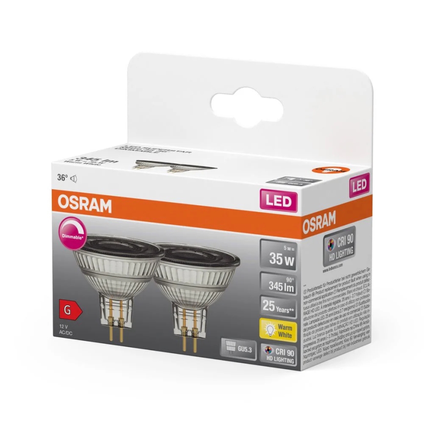 SADA 2x LED Stmívatelná reflektorová žárovka MR16 GU5,3/5W/12V 2700K 36° CRI 90 - Osram