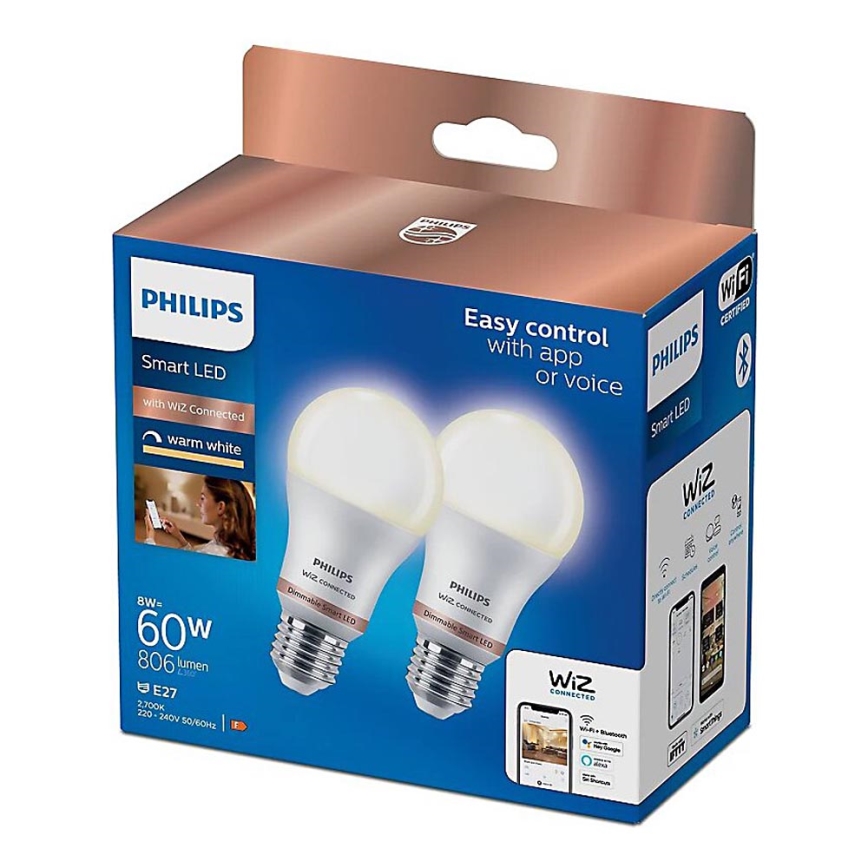 SADA 2x LED Stmívatelná žárovka Philips A60 E27/8W/230V Wi-Fi