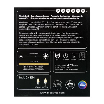 SADA 2x LED Stmívatelná žárovka Philips Hue WHITE E14/5,5W/230V 2700K