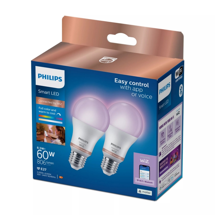 SADA 2x LED RGB Stmívatelná žárovka Philips SMART A60 E27/8,5W/230V 2200-6500K