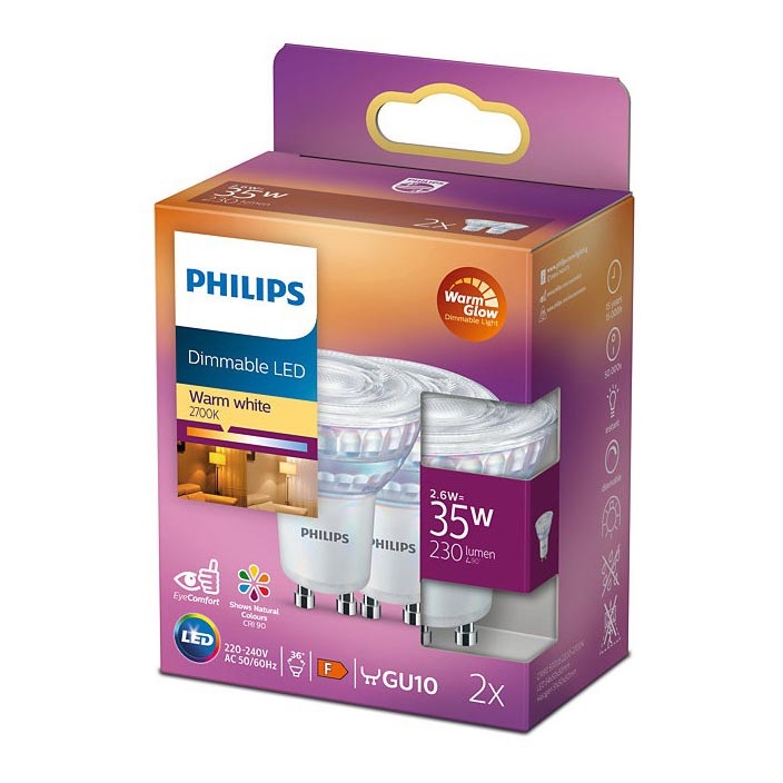 SADA 2x LED Stmívatelná žárovka Philips Warm Glow GU10/2,6W/230V 2200-2700K CRI 90