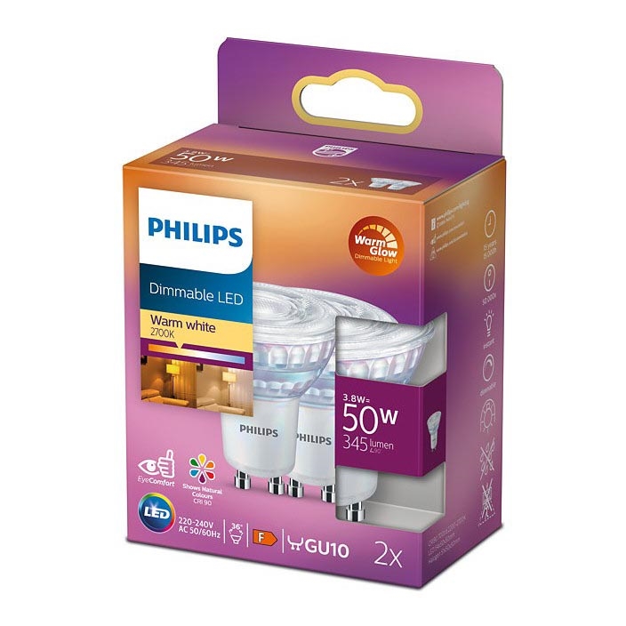 SADA 2x LED Stmívatelná žárovka Philips Warm Glow GU10/3,8W/230V 2200-2700K CRI 90