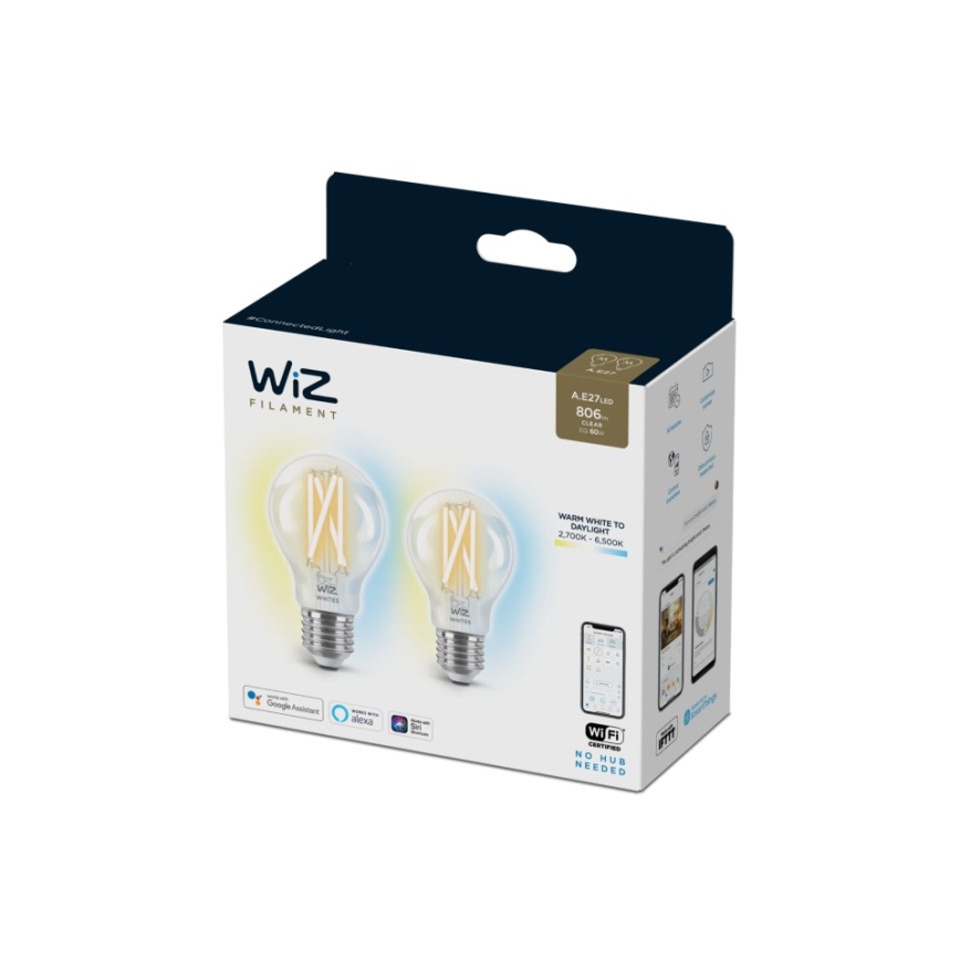 SADA 2x LED Stmívatelná žárovka VINTAGE FILAMENT A60 E27/6,7W/230V 2700-6500K CRI 90 Wi-Fi - WiZ