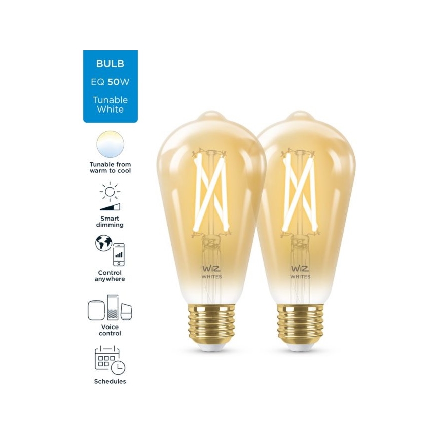 SADA 2x LED Stmívatelná žárovka VINTAGE FILAMENT ST64 E27/6,7W/230V 2000-5000K Wi-Fi - WiZ