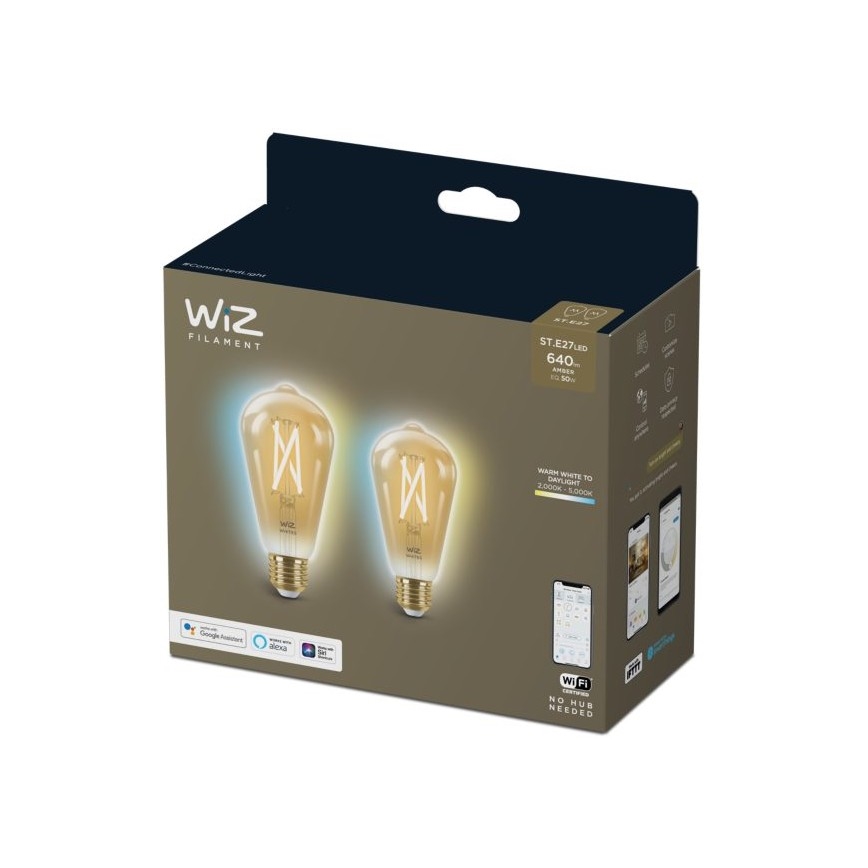 SADA 2x LED Stmívatelná žárovka VINTAGE FILAMENT ST64 E27/6,7W/230V 2000-5000K Wi-Fi - WiZ
