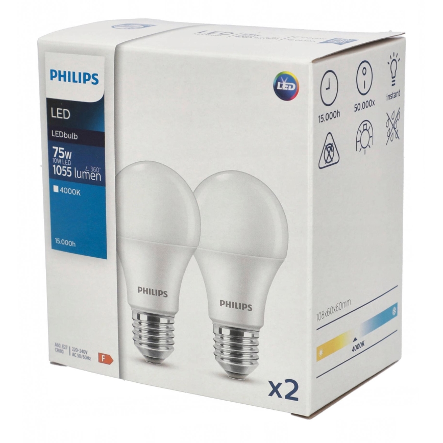 SADA 2x LED Žárovka Philips A60 E27/10W/230V 4000K