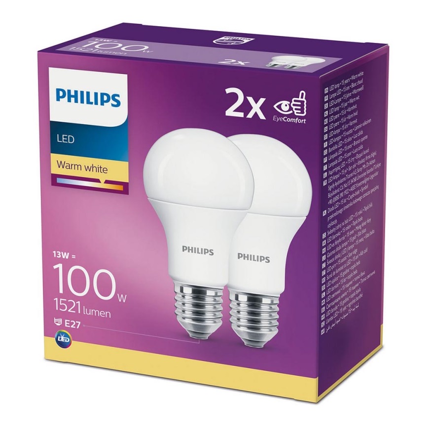SADA 2x LED Žárovka Philips A60 E27/13W/230V 2700K