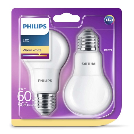 SADA 2x LED žárovka Philips E27/8W/230V 2700K