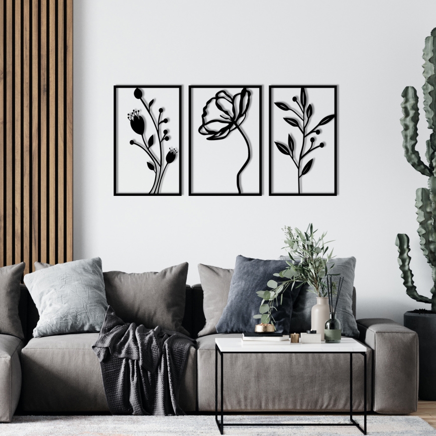 SADA 3x Nástěnná dekorace 78x39 cm květiny kov