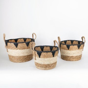 SADA 3x Slaměný košík béžová/černá 27x20/30x22/36x28 cm