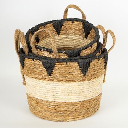 SADA 3x Slaměný košík béžová/černá 27x20/30x22/36x28 cm