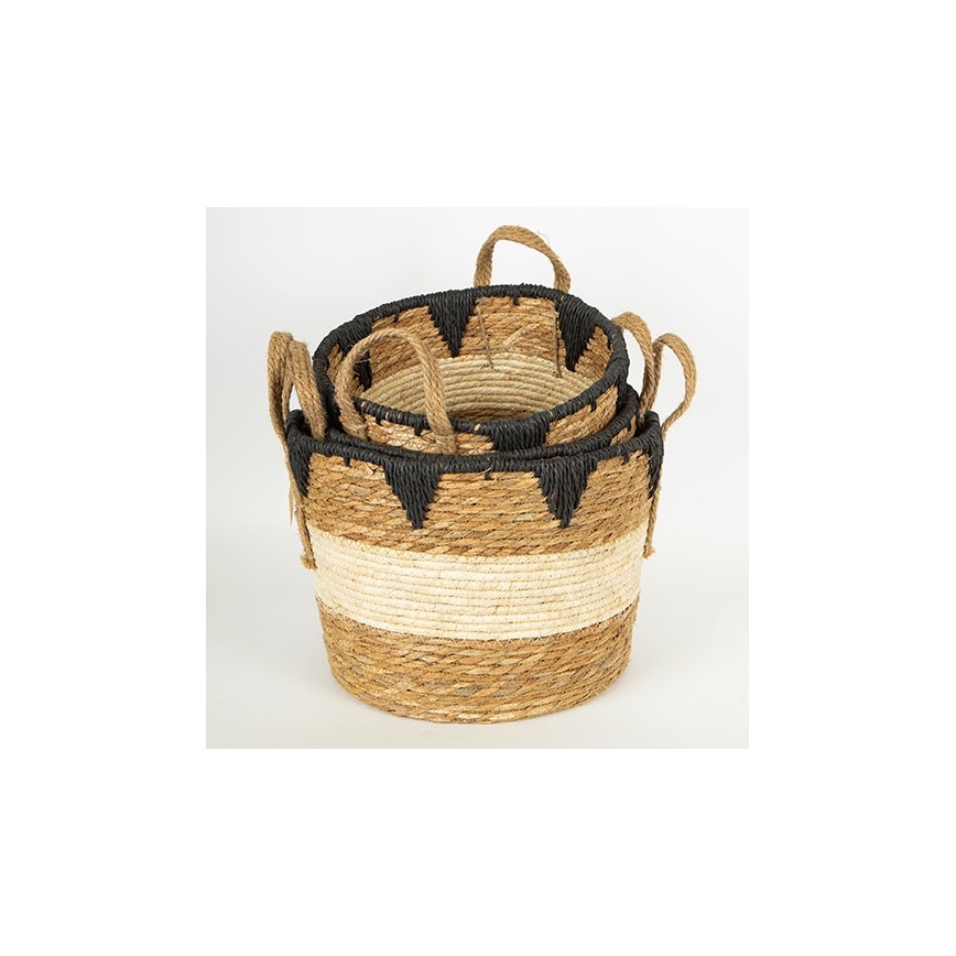 SADA 3x Slaměný košík béžová/černá 27x20/30x22/36x28 cm