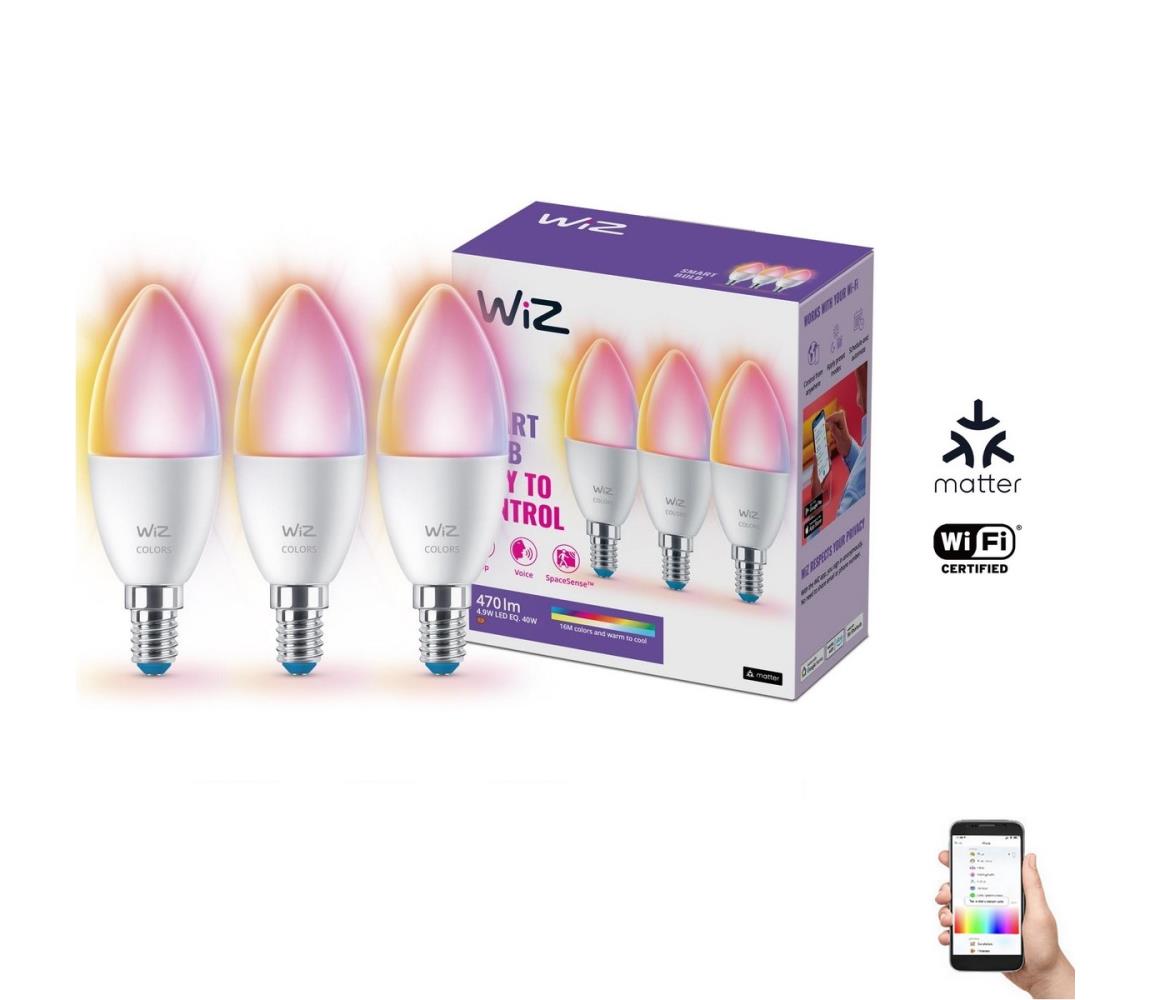 WiZ SADA 3xLED RGBW Stmívatelná žárovka C37 E14/4,9W/230V 2200-6500K CRI90 Wi-Fi-WiZ 