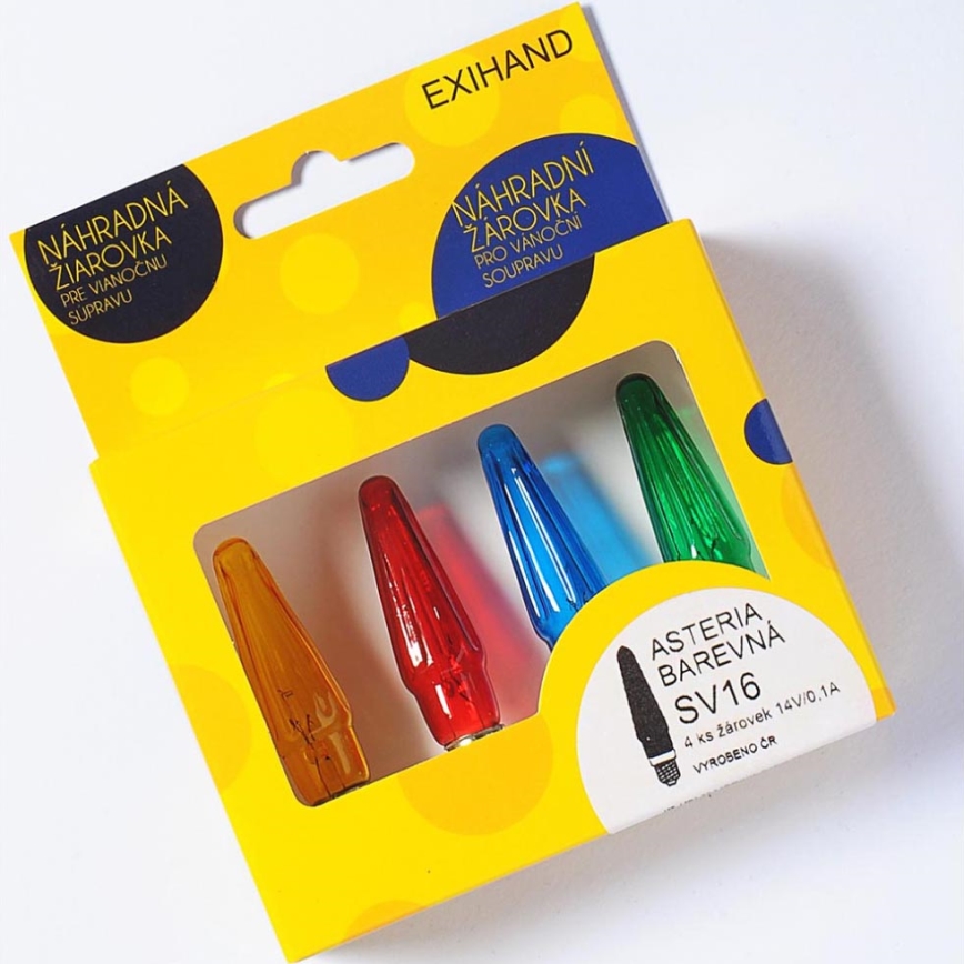 SADA 4 x Náhradní žárovka ASTERIA E10/14V/0,1A barevná mix, Vyrobeno v ČR
